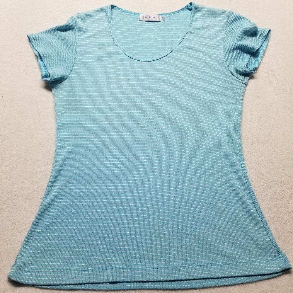 Fresh Produce XL Top Teal Striped Ribbed Knit T Shirt Casual Tee Preppy Classic